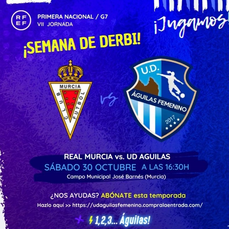 Fútbol Femenino.
Regresa la primera Nacional a la competición tras el descanso.
La <a href="/UDAguilasFem/">UD Águilas Femenino</a> recibe este sábado al <a href="/realmurciacfsad/">Real Murcia CF</a> Féminas.
El partido se jugará el sábado a las 16.30 horas en el José Barnés.Las murcianas marcan la salvación con cuatro puntos