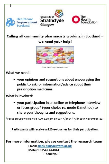 #Communitypharmacists in #Scotland, pls consider helping us with this study. 1-1.5 hours of your time to share your opinions/suggestions on this #medicinesafety initiative. #pharmacists #pharmacy #research #patientsafety #medicines