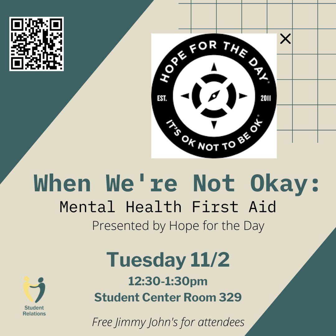 studentloop's tweet image. Join Counseling Services and Student Relations to learn about coping skills and strategies for mental health first aid. They’ll be offering their free signature coffee and free lunch from Jimmy John’s for all attendees. RSVP here: engage.colum.edu/Counseling/rsv…