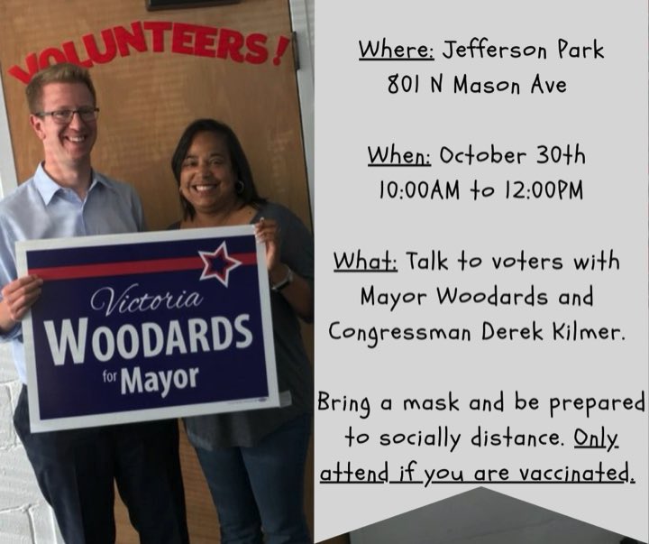 Just a reminder to please join @RepDerekKilmer and I for a great canvassing event this Saturday at Jefferson park! You can sign up here: bit.ly/Volunteer4Wood…