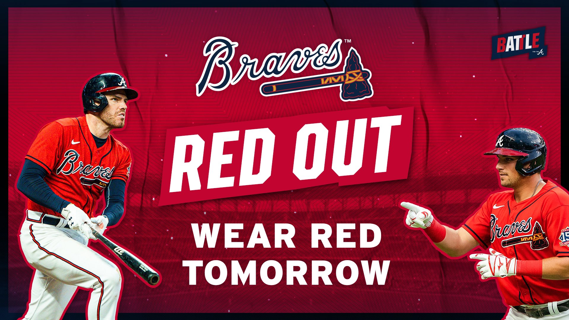 Atlanta Braves on X: 🔴 TOMORROW: RED OUT‼️ 🔴 Coming to Game 3? Wear RED‼️  🔴 Watching from home? Wear RED‼️ 🔴 Wherever you're watching Game 3, the  mission is simple: WEAR