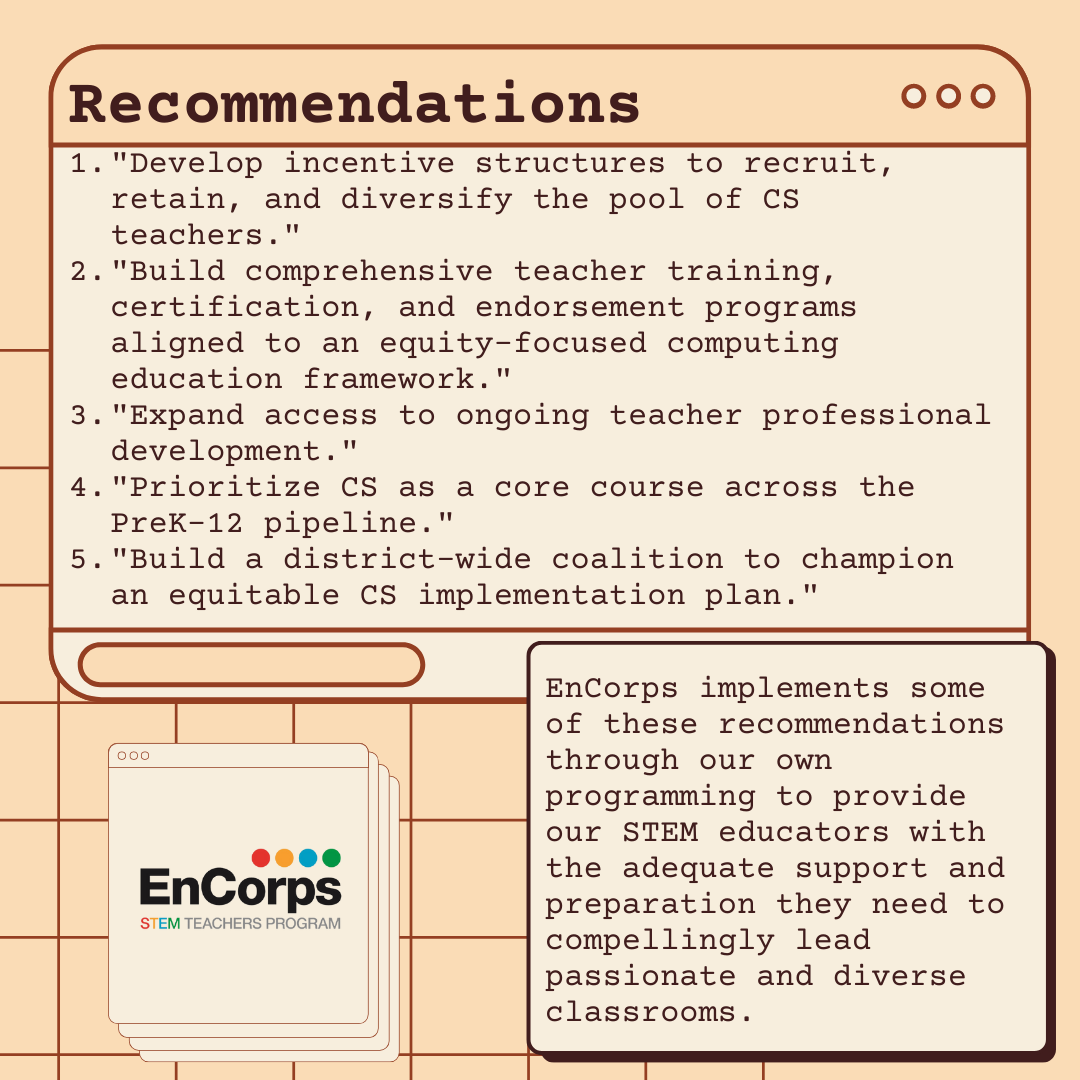 EnCorps's tweet photo. Take a look at a survey report we found to learn more about the barriers that Computer Science Teachers, especially those in underfunded STEM public school programs, face today as well as possible solutions to these systemic issues: https://t.co/KuMeW0hFO0 #DEI #STEMeducation https://t.co/PUNYr3SqjD