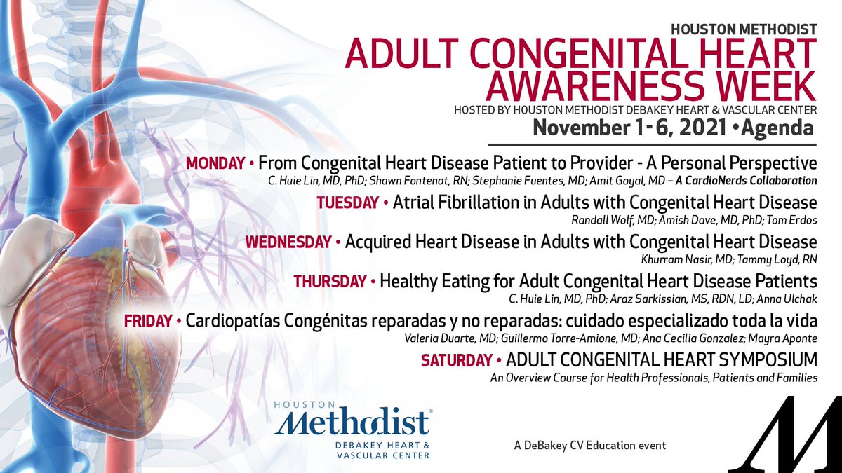 DeBakeyCVedu's tweet photo. Join us for Adult Congenital Heart Awareness Week Nov. 1-6 to learn more about care and treatment options from leading ACH experts. @HMethodistCV @CardioNerds #ACHDWeek2021 #congenitalheartdisease #CHDAwareness #CardioEd #CVDisease #hearthealth 
Register @ https://t.co/DxfgcWr6Cv https://t.co/Vg9p4EUsyn