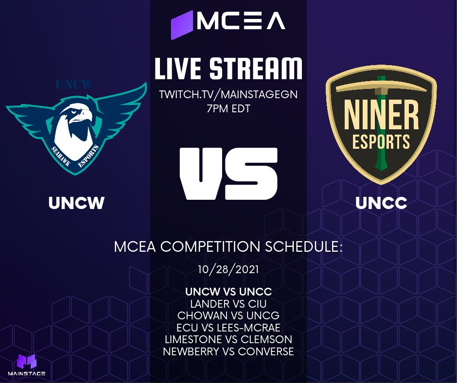 MainstageMCEA's tweet photo. Don't miss out on our stream tonight between @nineresports and @uncwesports! The stream will be a shorter one tonight, kicking off at 6:45 EST with the desk, followed by #RocketLeague with casting from @icychiller54, and @Jamaican116! https://t.co/lCLzZSHJVG