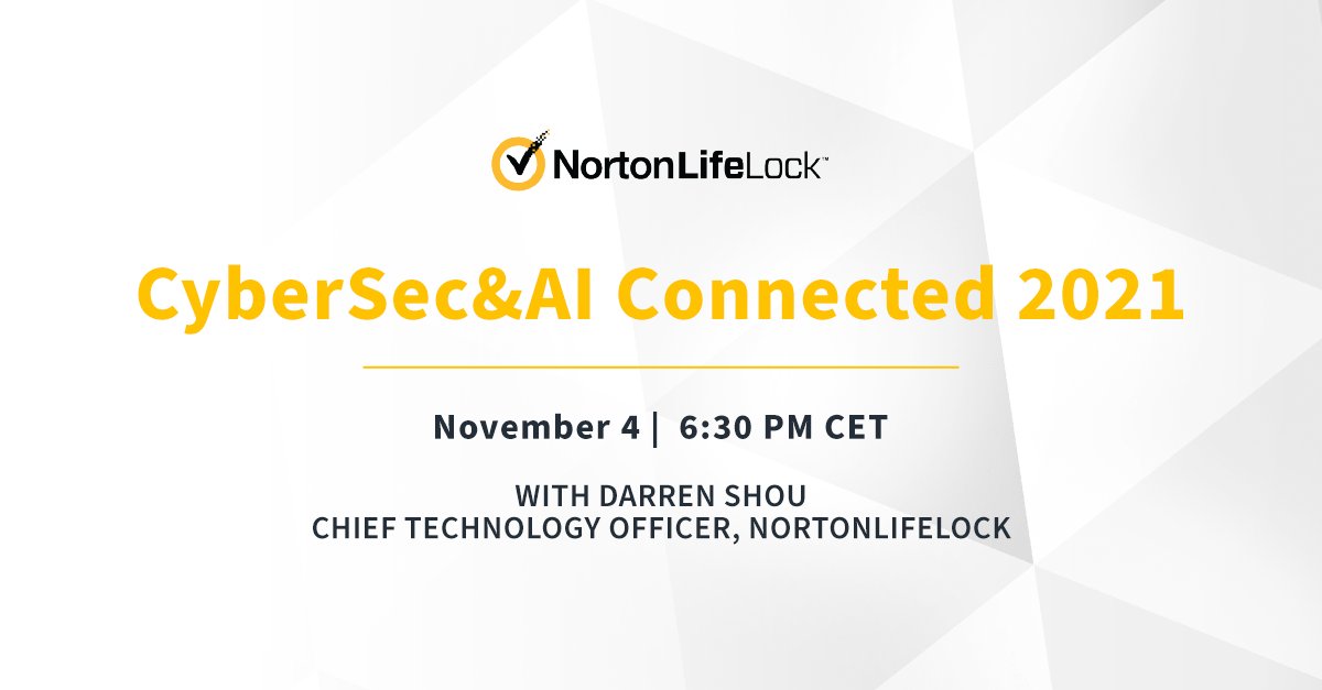GenDigitalInc's tweet image. Darren Shou, Head of Technology at NortonLifeLock, will be at CyberSec&amp;amp;AI Connected 2021 to discuss the most pressing and challenging issues facing the AI and cybersecurity community. Join us spr.ly/6014JpzAp #CybersecAI #Identity #AI