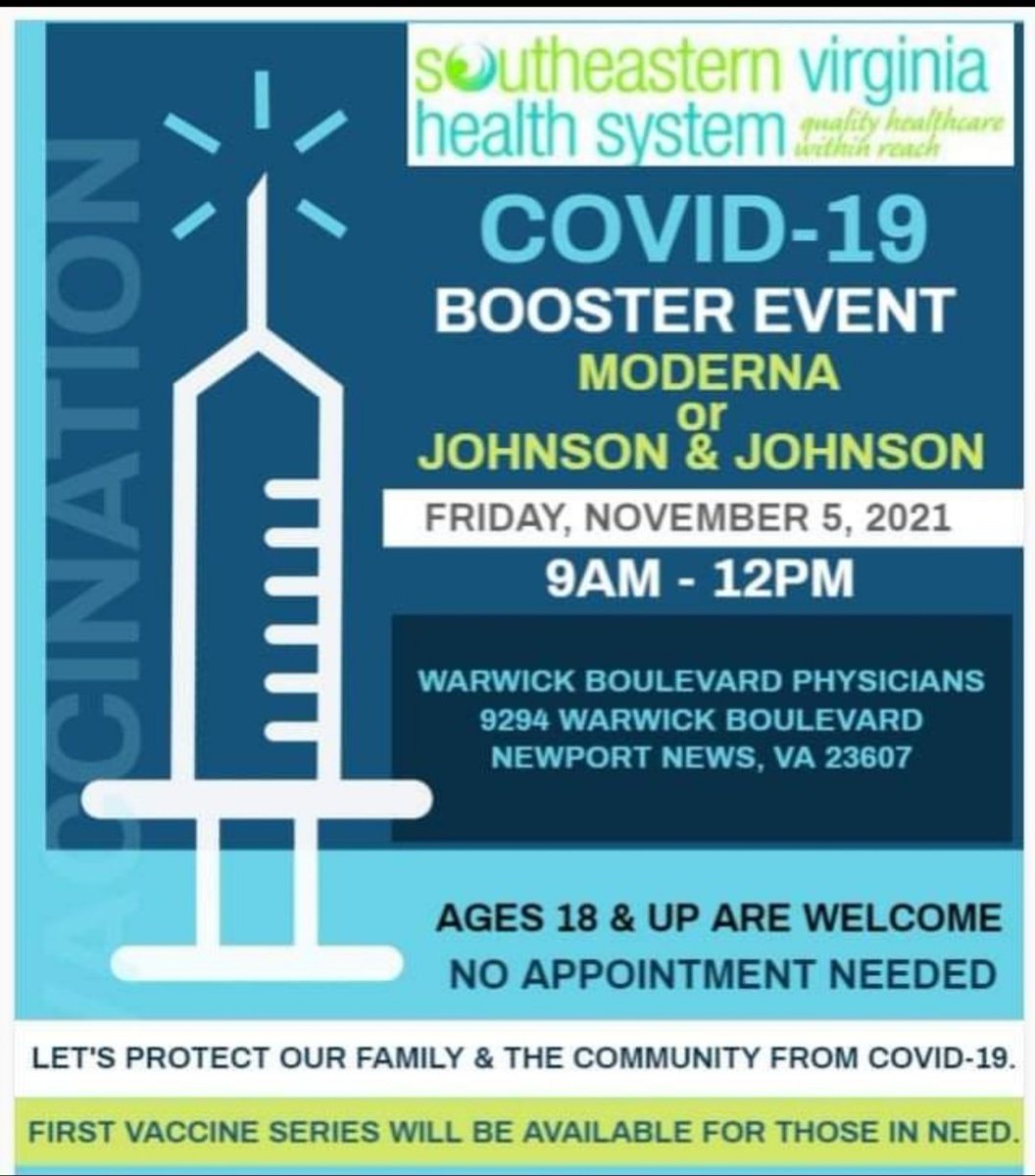 _SEVHS's tweet photo. COVID-19 BOOSTER EVENT!! First time COVID-19 vaccine series will be available for those in need for ages 18 &amp; up. No appointment necessary. https://t.co/bwQlJh7eHu