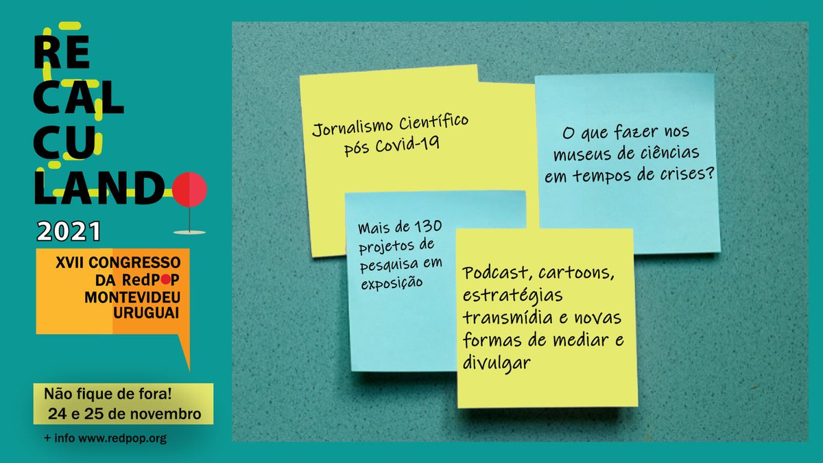 Não perca as diferentes conferências, workshops e mesas redondas que o #Recalculando2021 traz. Este ano vamos conversar e trocar experiências sobre o desafio da divulgação científica durante a pandemia Covid-19. Não fique de fora! ASSINE AQUI👇
✅redpopcongreso2021.com