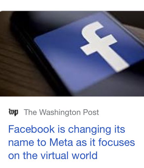 #facebook has a new name/brand coming - #meta 🤷🏼&zwj;♀️ https://t.co/anUE14aRFc<a href="/tag/facebook"class="tags">#facebook</a><a href="/tag/meta"class="tags">#meta</a>