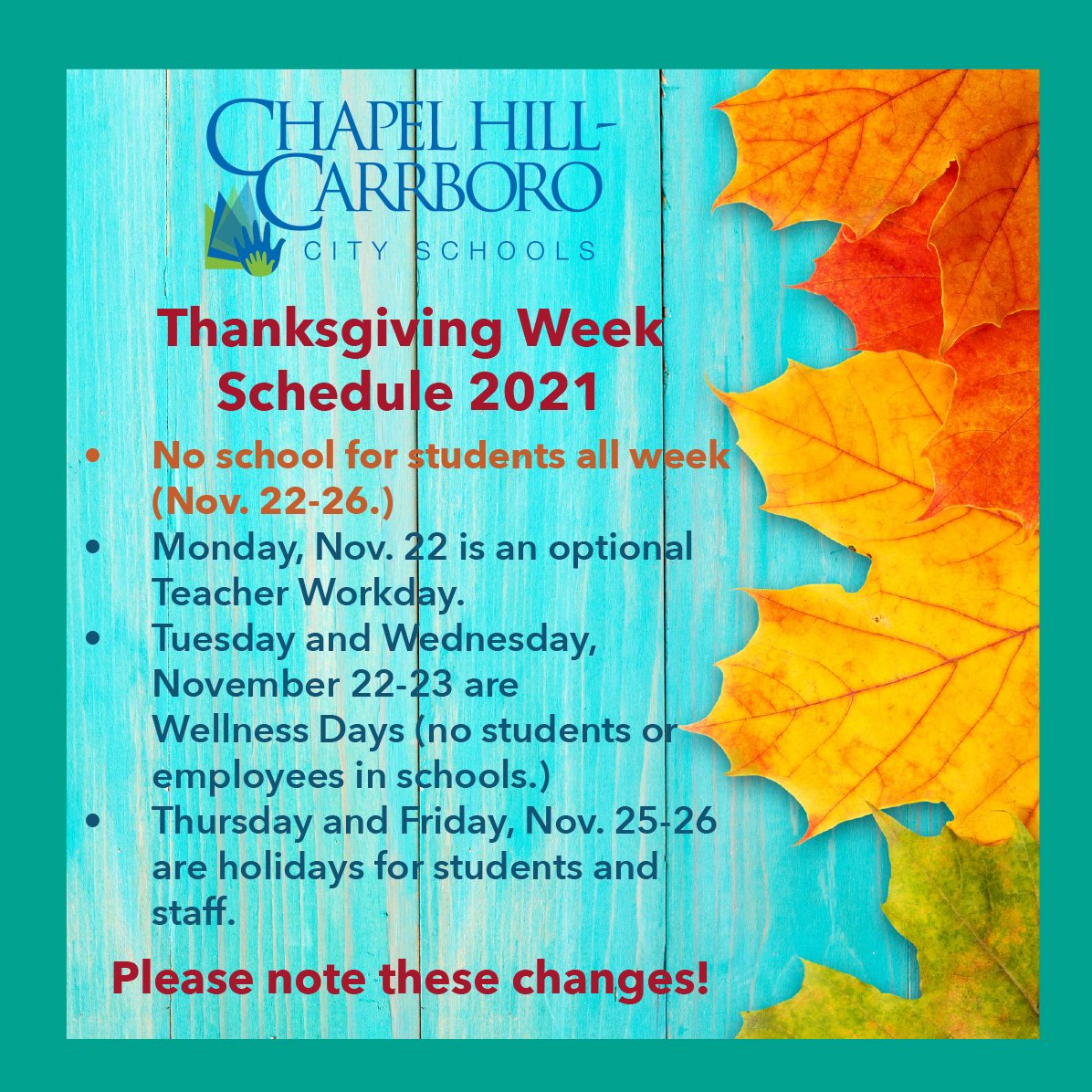 Chapel Hill-Carrboro City Schools On Twitter: "As A Reminder, We Have A New  Schedule For Thanksgiving Week. Https://T.co/Ldspvpjnl3" / Twitter