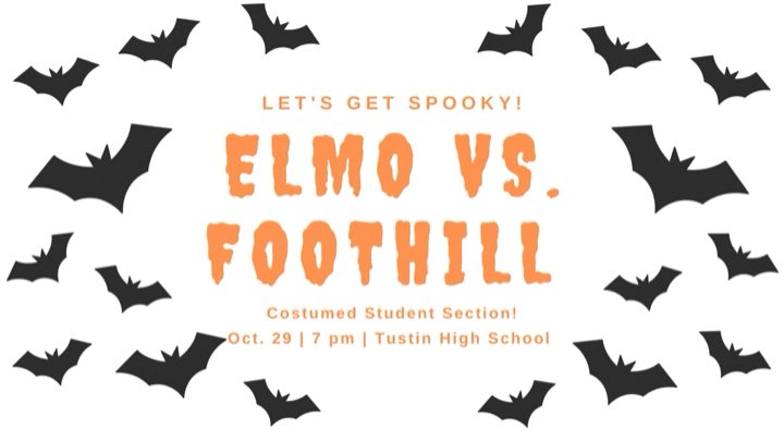 elmoROWDY's tweet photo. 👻🎃🦇🕸🕷ELMO IS FACING OFF FOOTHILL THIS FRIDAY!!! WEAR A COSTUME TO SUPPORT @elmodenafb AND FEND OFF THE KNIGHTS! 

#forgetcalmgetrowdy 

@ElmoHSAthletics @ElModenaHS @ELMOPrincipal @StudentSectRep @MAlvarez02 @OCStudSectionIG https://t.co/5O8hkNEcVM