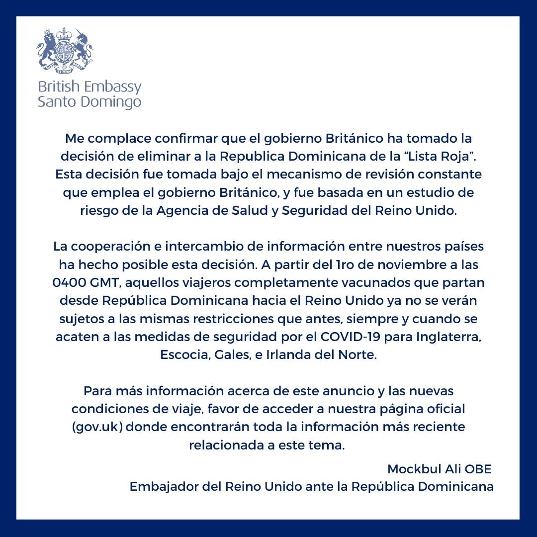 MockbulAli's tweet photo. ¡Buenas noticias! A partir de 0400 GMT deal Lunes, 1 de noviembre, la República Dominicana oficialmente quedará eliminada de la lista roja del Reino Unido! https://t.co/0f6b1YFuTg