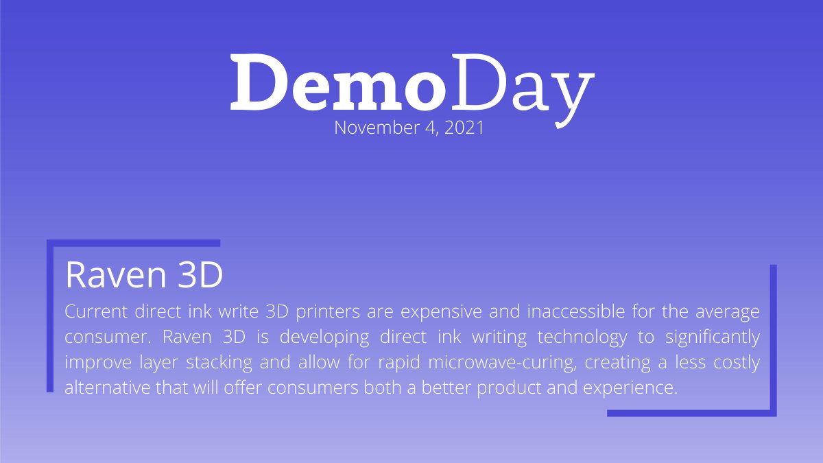 Another Demo Day startup that has made great strides is Raven 3D, a novel materials and additive manufacturing startup that has already received nearly $1M in contracts with the @DeptofDefense and <a href="/NASA/">NASA</a>. #startups #economicdevelopment
