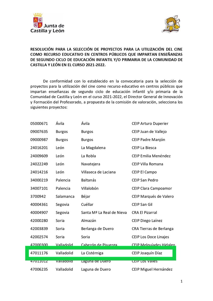 CEIPJoaquinDiaz's tweet photo. ¡Así da gusto acabar la semana! En la selección de Proyectos para la utilización del cine como recurso educativo, el Director General de Innovación y Formación del Profesorado, a propuesta de la comisión de valoración, selecciona los siguientes proyectos: https://t.co/0mw2mWmxW7