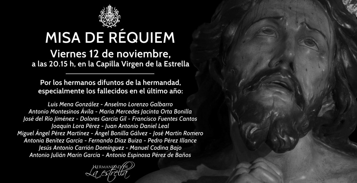 Esta tarde (20.15 h) celebraremos Misa de Réquiem por todos los hermanos difuntos de nuestra corporación y especialmente por los fallecidos en el último año y que ha tenido conocimiento la Hermandad.

hermandad-estrella.org/noticias-anter…