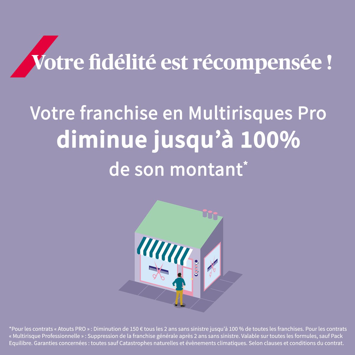F_Pannecoucke's tweet photo. ✔Votre fidélité récompensée en Multirisques Pro.
2 ans sans sinistre ? Selon votre contrat, votre franchise diminue jusqu’à 100% de son montant !*

☎ Contactez-nous pour échanger sur le sujet.

#professionnels #multirisques #pub https://t.co/qH6aG5IwRu
