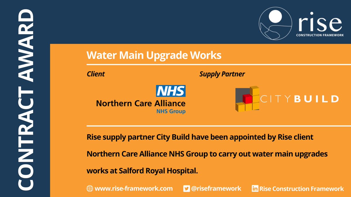 riseframework's tweet photo. Rise client @NCAlliance_NHS have appointed @City_Build to carry out water main upgrades works at Salford Royal Hospital.
https://t.co/dgg1mAKxro
#constructionnews #northwestconstruction #procurement #Riseframework https://t.co/X8lP4UYeO3