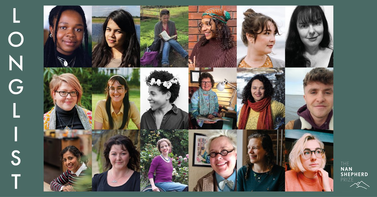 An image showcasing 18 photos of the longlisted writers for the Nan Shepherd Prize 2021.