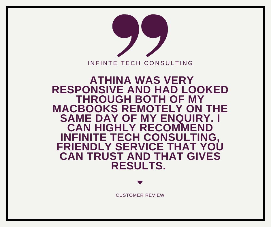 infinitetechcon's tweet photo. "Athina was very responsive and had looked through both of my Macbooks remotely on the same day of y enquiry. I can highly recommend Infinite tech Consulting, friendly service that you can trust and that gives you results "
#testimonialthursday #testimonial #Review https://t.co/tZUUAlybAq