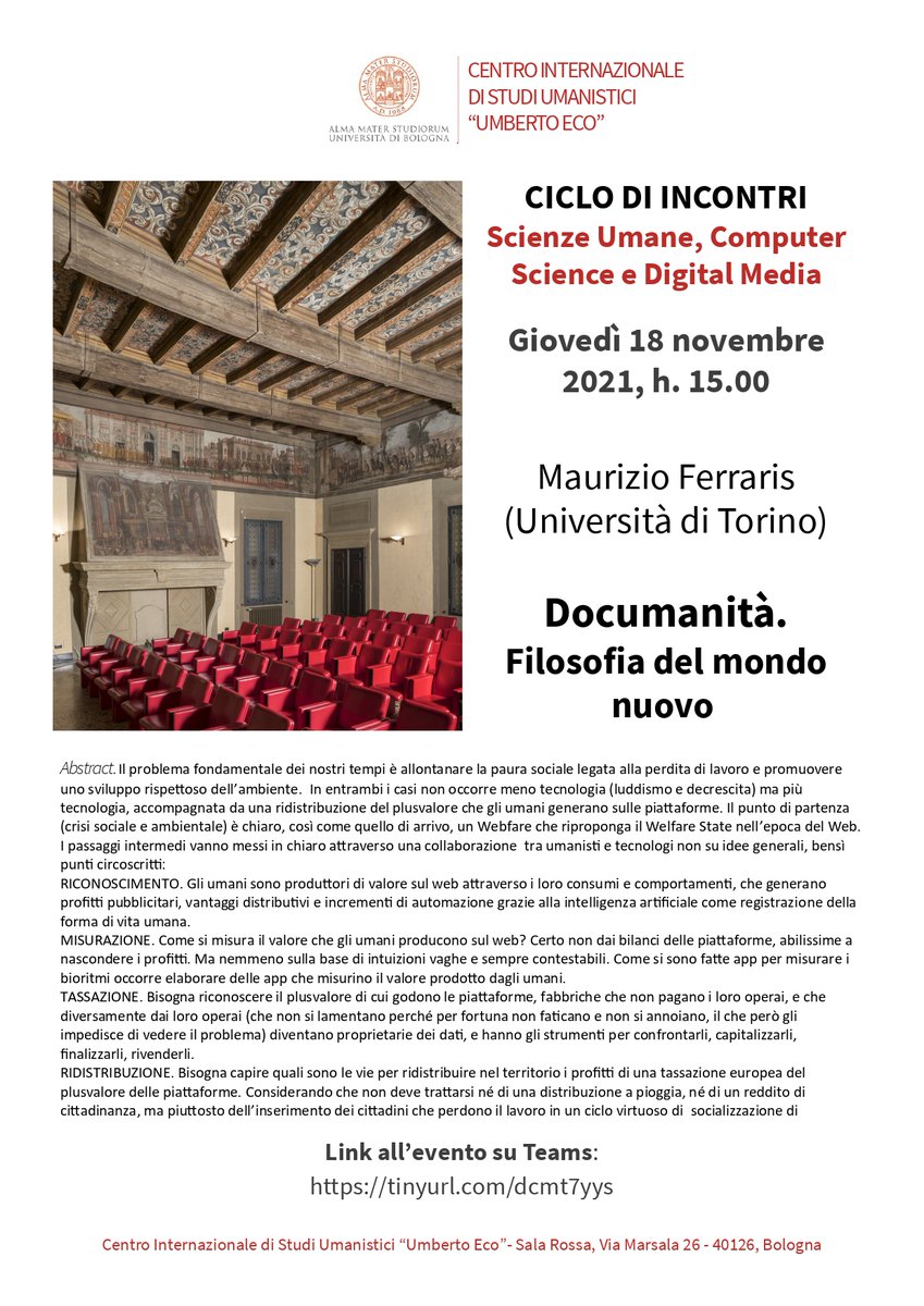 cue_unibo's tweet photo. Giovedì 18 novembre dalle 15 alle 17 Maurizio Ferraris (Università di Torino) terrà un #seminario intitolato "Documanità". Per partecipare al seminario su Teams https://t.co/tupg3uJI6S https://t.co/cSopAt1swQ