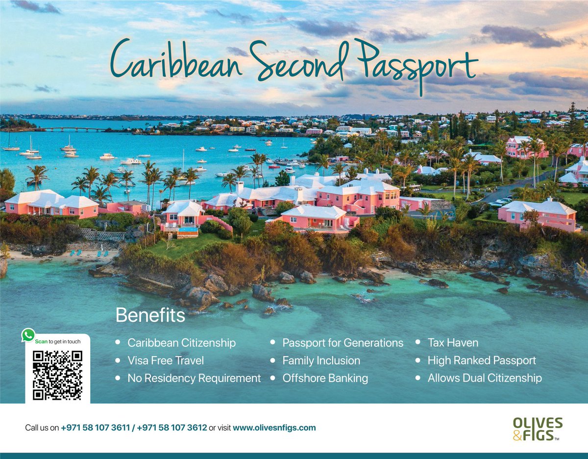 Invest and Flourish in the Effervescent Caribbean Islands
· Obtain your second passport 
· Visa-free travel to over 150+ countries worldwide

Stay in the loop for more info:
🌍 olivesnfigs.com
📧 info@olivesnfigs.com
📲 wa.link/nvuaip