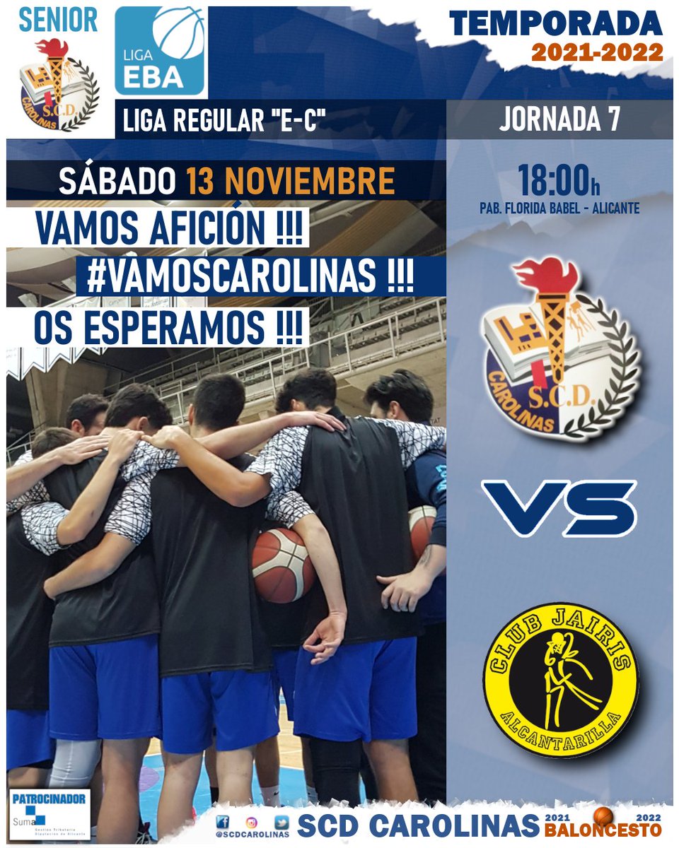 scdcarolinas's tweet photo. Mañana último partido de la primera vuelta y en casa, no podéis faltar, os esperamos!!! #Vamoscarolinas !!!
🏆#LigaEBA J7
🆚@CBJairis
📆Sábado 13 noviembre
⏰18:00h
🏟️Pab. Florida Babel
#Alicante #Baloncesto #Deportes @fbcv_es @CompeticionFEB @SumaAlicante https://t.co/FXwhIypiMw