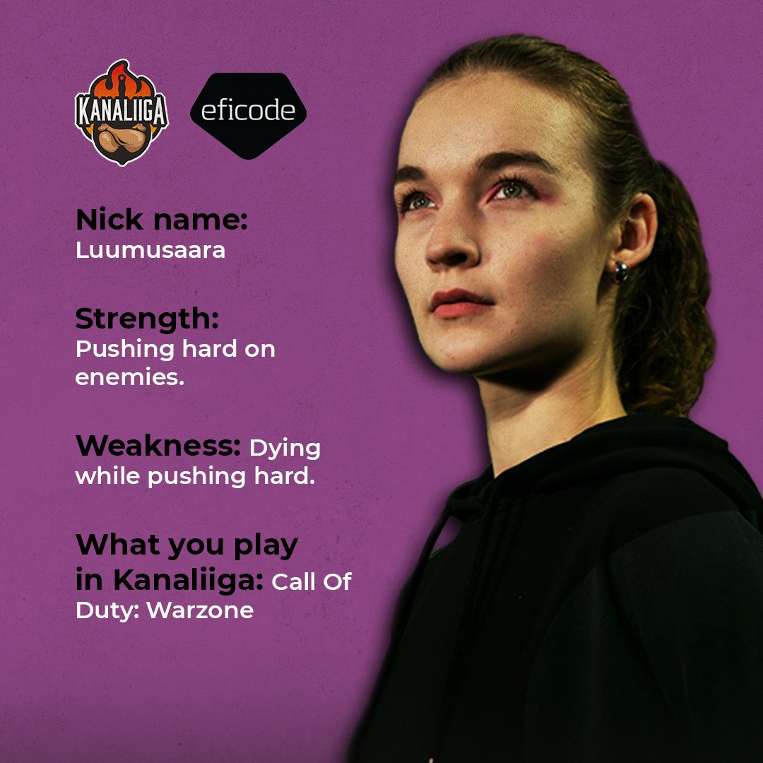 Eficode's tweet image. Meet our first Kanaliiga competitor - Saara @luumusaara 💜 Get to know Saara as a gamer a little bit better through this short interview we had with her!
#esports #kanaliiga #humansofeficode