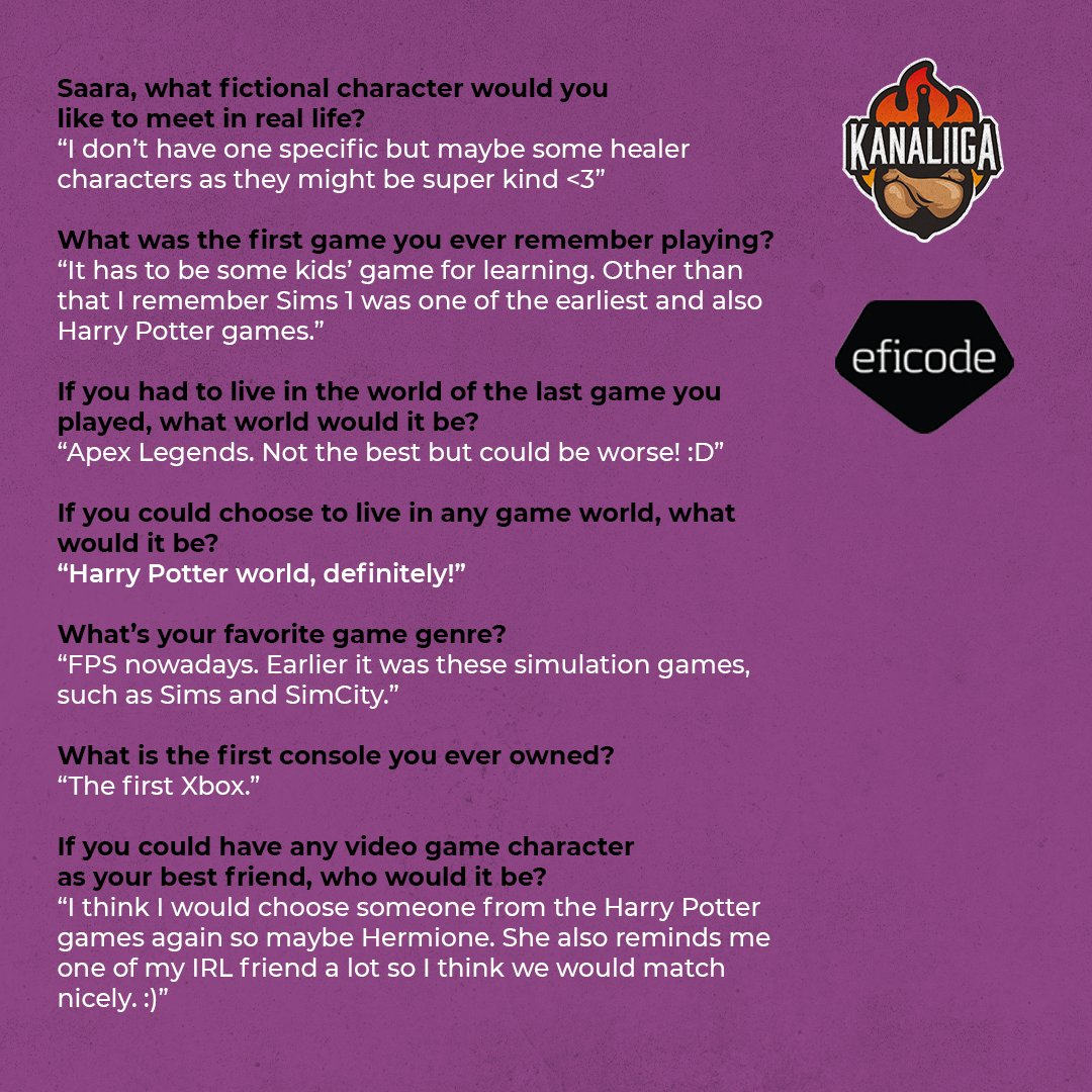 Eficode's tweet image. Meet our first Kanaliiga competitor - Saara @luumusaara 💜 Get to know Saara as a gamer a little bit better through this short interview we had with her!
#esports #kanaliiga #humansofeficode