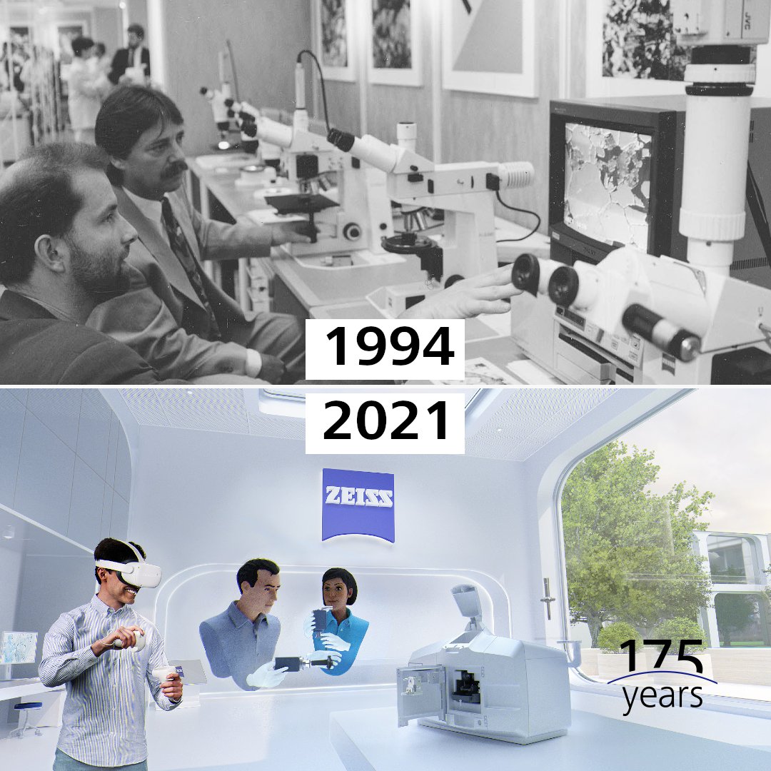 zeiss_micro's tweet photo. ZEISS always strives to make product demonstrations and trainings as accessible as possible: in 1994, television sets helped visualize imaging results on site. Today, virtual reality demonstrations overcome all distances.

#thenandnow #ZEISS175 #virtualreality https://t.co/O71wugnTpe