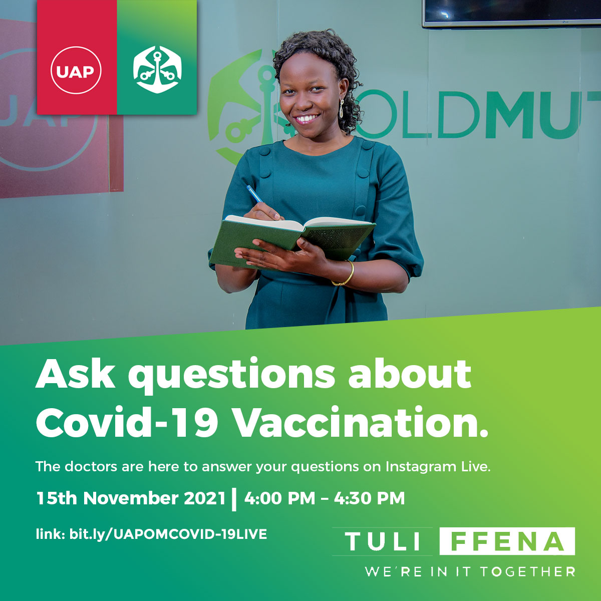 OldMutualUganda's tweet photo. Do you have #questions about the #COVID19 #vaccines ? Join us for an #instagramlive session, with @drmiriammutero Head of Medical Business at UAP Old mutual and @DrAhimbisibweP . They will be answering all your questions.
#TuliFfena #Stay Safe https://t.co/5hQs3Mey5Y