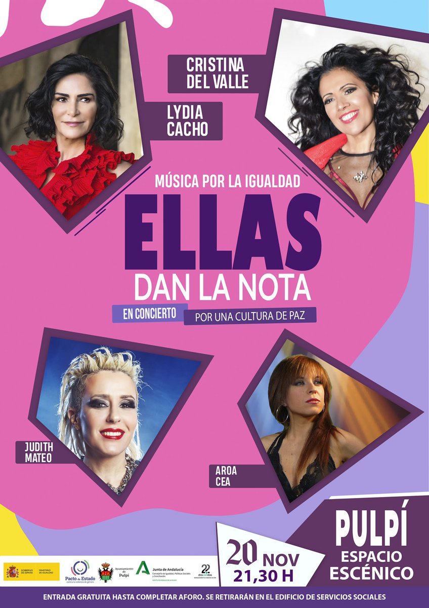 ellasdanlanota's tweet photo. 20 Noviembre #EllasDanLaNota actuaremos en PULPÍ (ALMERÍA).
@lydiacachosi @cristinadlvalle ,
@judithmateo y #AroaCea llevaremos música y palabra contra violencia género al ESPACIO ESCÉNICO 21:30h en conmemoración en el Día Internacional #ContralaViolenciadeGénero https://t.co/e7fnQvBRwQ