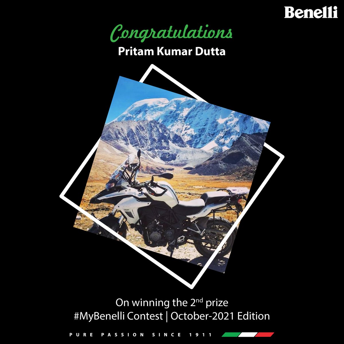 BenelliIndia's tweet image. Congratulations!!! Mr Pritam Kumar Dutta @pritam_the_lonewolf you have secured 2nd place in the #MyBenelli October-2021 Edition. We wish you do many more miles on your Benelli and create a lifetime of memories!! #SecondWinner #2Winner #Benelli #BenelliIndia #India