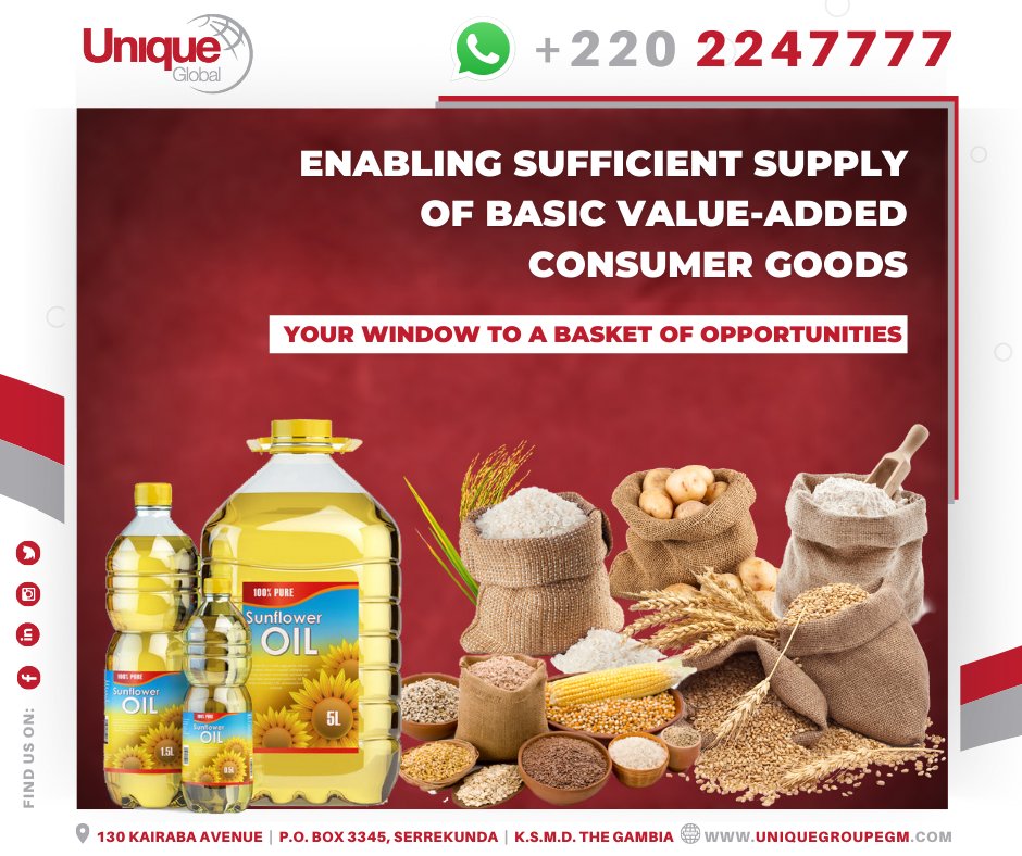 Unique_Gambia's tweet photo. Enabling sufficient supply of basic value-added consumer goods.
For any enquiry;
Call us on - +220 4390512
Email - info@uniquegroupe.com
Website - https://t.co/IAGjhXbTJx
.
.
.
#uniquegroup #uniqueenergy #uniquesolutions #uniqueglobal #uniqueindustries #uniquefoundation #gambia https://t.co/2uxHRUQCPu