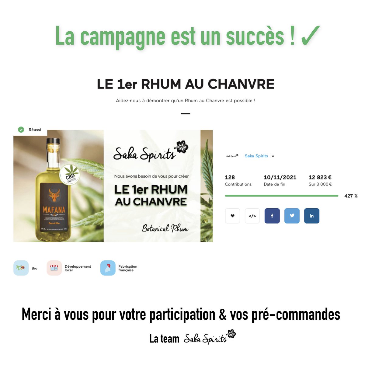 MERCI DE VOTRE SOUTIEN🙌

Nous avons récolté 12.823€, soit 427% de notre objectif initial, afin de financer notre nouveau produit MAFANA x CHANVRE🌿

Prochaine étape ? Vous recevrez votre contrepartie &amp; pourrez profiter des sensations recherchées🤩

L'aventure continue ! Merci🙏