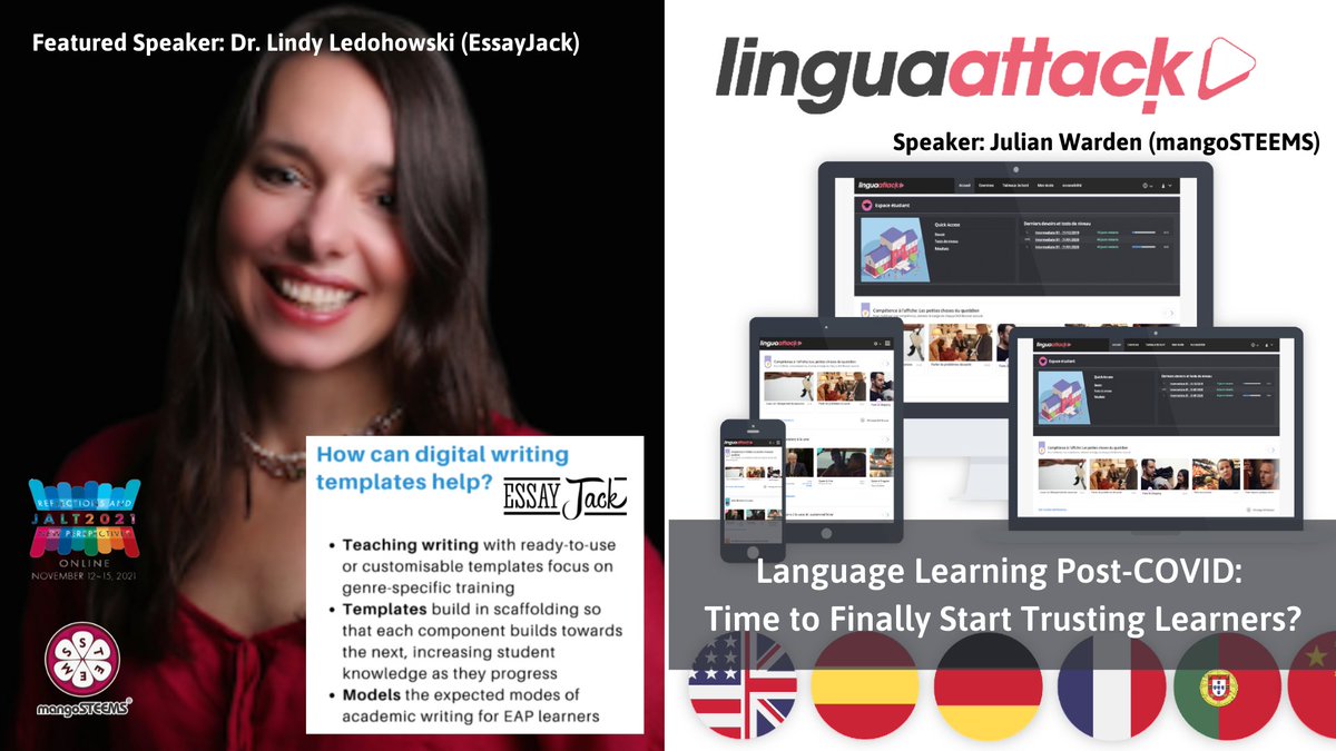 This year, we are sponsoring <a href="/JALT2021/">Jaydyn Thurmond</a> for <a href="/EssayJack/">EssayJack (acquired by Wizeprep)</a> and @LinguaAttack. 
In addition, Dr. Lindy Ledohowski will present about teaching academic writing Online as a featured speaker! 
Please find more event information here: jalt.org/conference