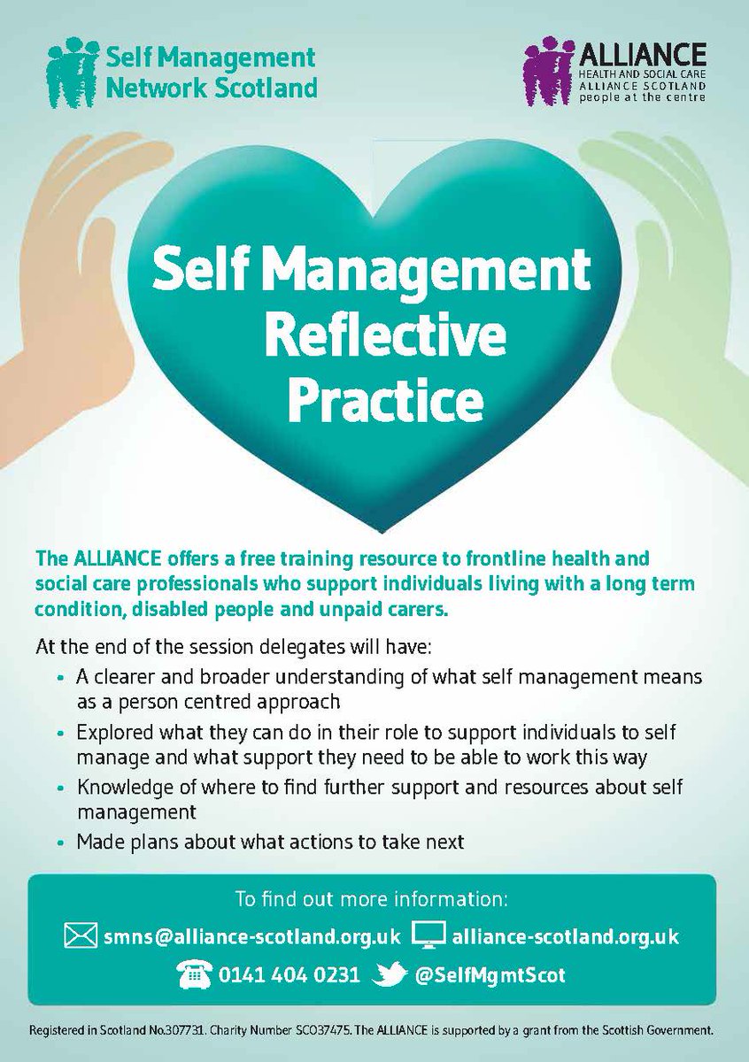 SelfMgmtScot's tweet photo. Are you a health or social care professional who would like to know more about self management and how you, by adopting this person centred approach, can support individuals better? Get in touch with @SelfMgmtScot and ask about our free SM Reflective Practice training. https://t.co/9tXUZgWALT