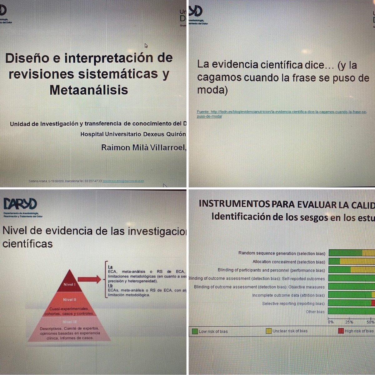 ¿Cuándo podemos hablar de #evidenciacientífica? #metaanálisis #ensayoclínico #estudioobservacional #exactituddiagnóstica <a href="/RaimonMila/">Raimon Milà</a> en #sesiónclínica de #anestesiadexeus