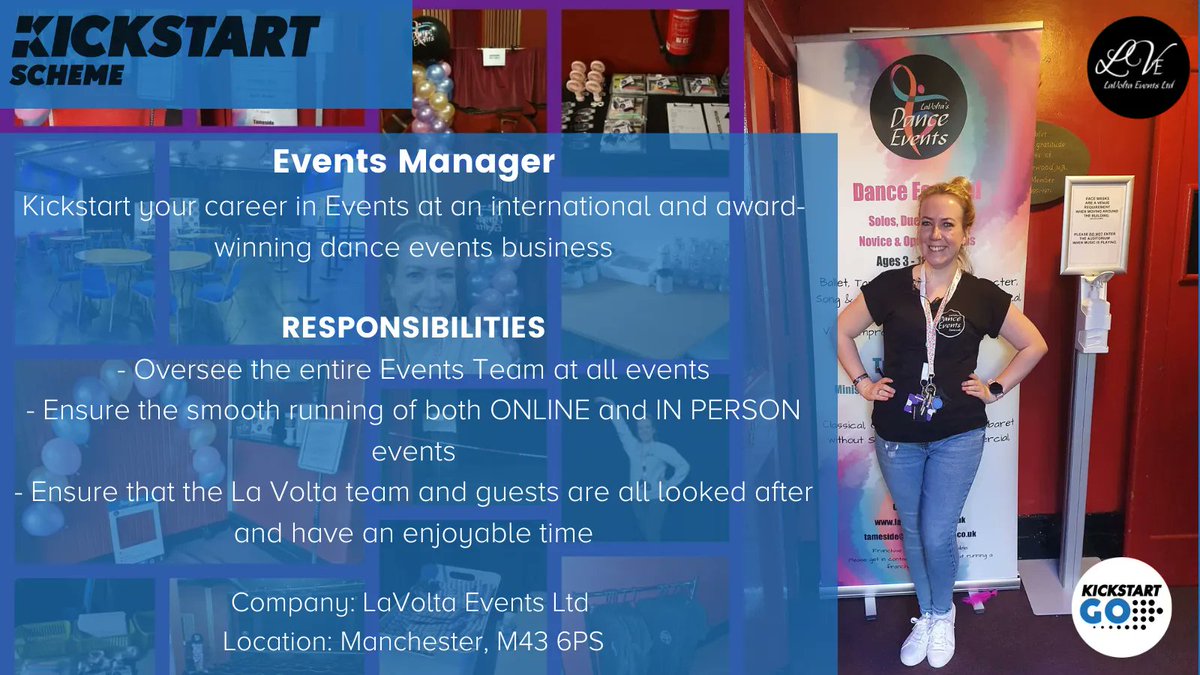 #Kickstart your career in #events at LaVolta Events Ltd as an Events Manager! 

Full job description ➡️ buff.ly/3kp3eNE

Talk to you Work Coach to apply. Exclusively for 16-24 year olds on #UniversalCredit!

<a href="/JCPinManchester/">JCP in Manchester</a> #GMKickstart