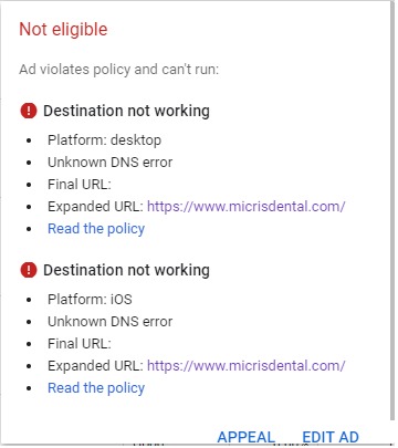ibrahim_hasware's tweet photo. Today I got 55 ads disapproved. Reason, destination not working. Anyone else experiencing same issue. Seems like @GoogleAds  got another bug to fix. https://t.co/5FsiSTxb9k