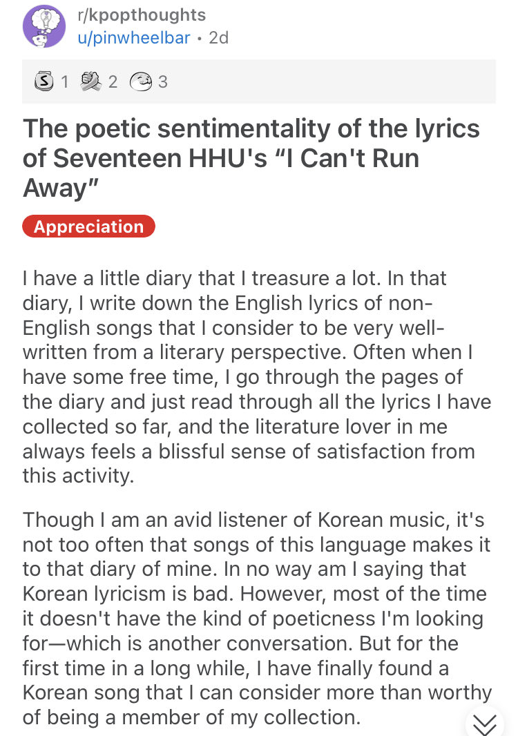 svtonreddit's tweet photo. “The poetic sentimentality of the lyrics of Seventeen HHU’s “I Can’t Run Away”

OP: @pinwheelbar 

@pledis_17 #세븐틴 #SEVENTEEN https://t.co/1DIOjqhQc4