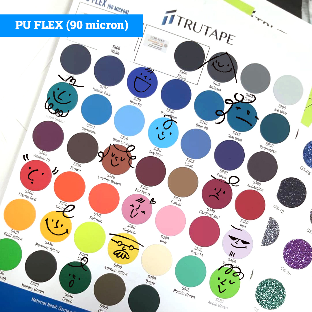 Her an'a, her ruh haline uygun #trutape renkleri ile hala tanışmadıysanız PU Flex 90 micron ailemiz ile başlayabilirsiniz. Daha fazla renk için web sitemizi ziyaret etmeyi unutmayın. #heattransfervinyl #htv #transferbaski #thermotransfer #ploter #tshirtprinting #glitterhtv