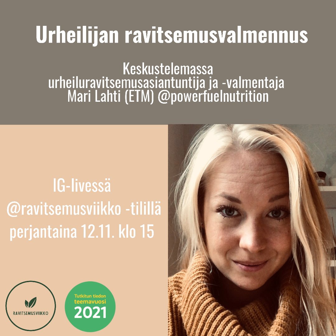 #Ravitsemusviikko huipentuu! Tänään aiheena #urheiluravitsemus, mielenkiintoisia sisältöjä tiedossa sekä täällä Twitterissä että Instagramissa. Pysy kuulolla! <a href="/MariPowerfuel/">Mari Lahti</a> <a href="/tttv2021/">Tutkitun tiedon teemavuosi 2021</a> <a href="/ravitsemus/">Ravitsemus</a> #ravitsemusvalmennus #urheilu #ravitsemus
