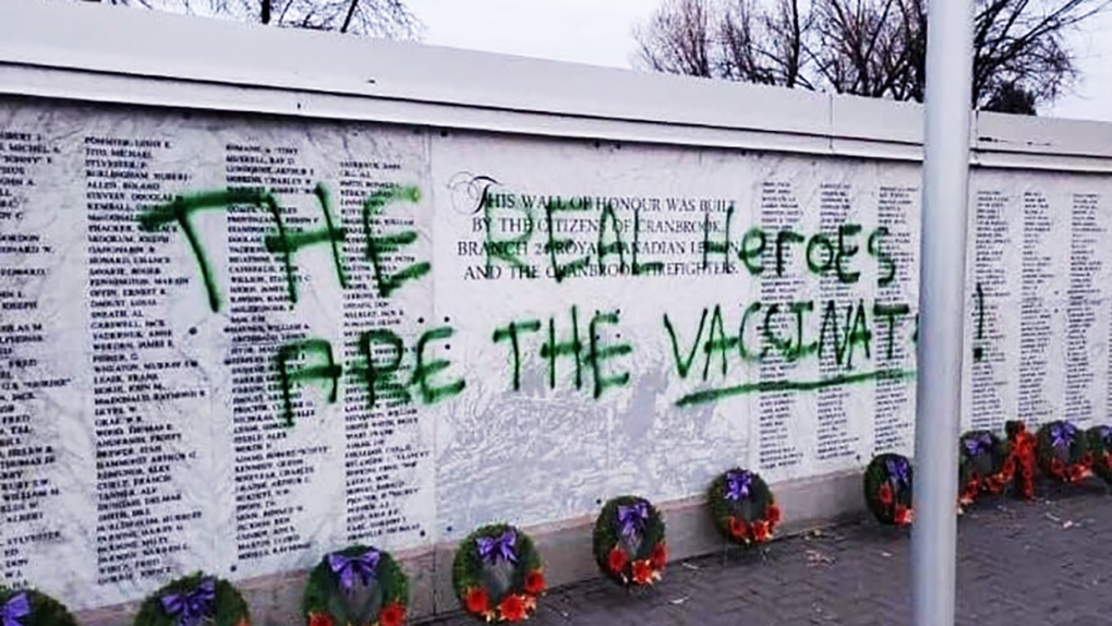 Remembrance Day memorial in Cranbrook, B.C. defaced with graffiti bit.ly/3D9vU4H