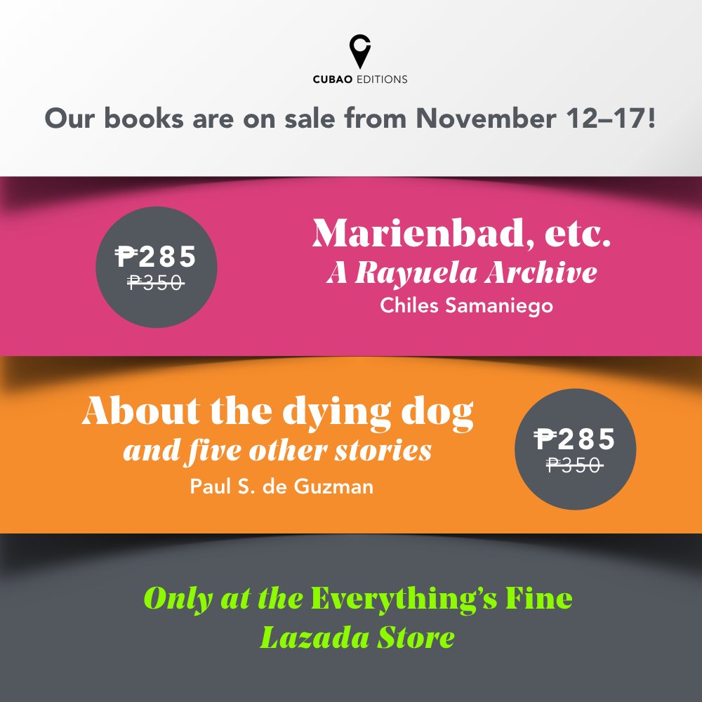 CubaoEditions's tweet photo. We're joining the Lazada 11.11 Extended Sale from 12 to 17 November!  Limited copies of our books are available for PhP285 (from PhP350).

Visit the @EFbooksph Lazada Store. https://t.co/COOcTyFdoo