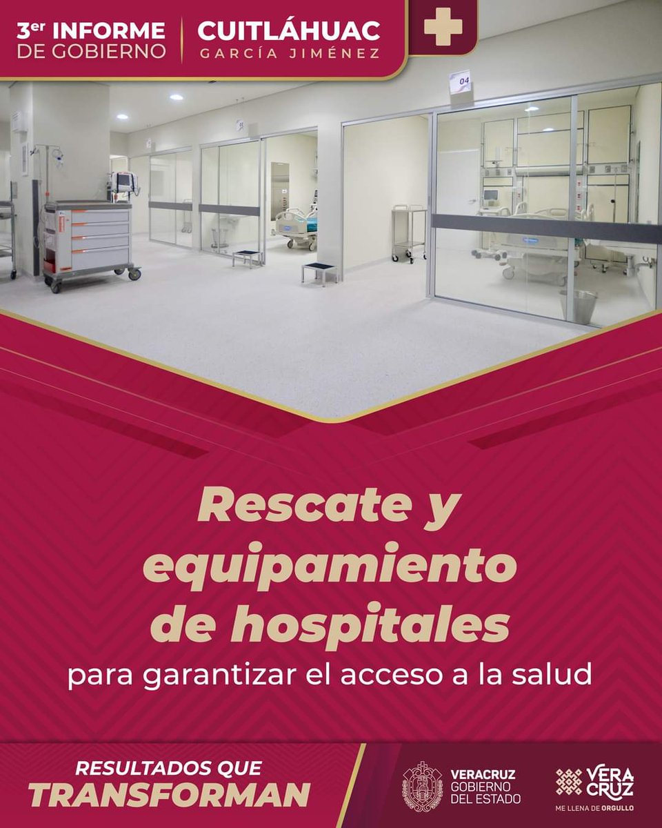 Rescate y equipamiento de hospitales
para garantizar el acceso a la salud

#ResultadosQueTransforman: Seguimos trabajando para brindar atención médica y servicios de salud para las familias veracruzanas con espacios dignos en todo el estado.

#3erInformeCGJ