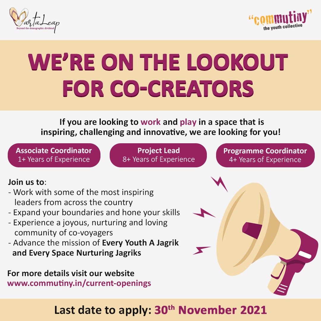 YouthCommutiny's tweet photo. #ComMutiny &amp; #VartaLeap is looking for people to co-create youth centric spaces 2 nurture youth participation &amp; leadership 2 co-build a thriving constitutional democracy. Apply now to be at the center of cutting edge innovation in youth development sector 
https://t.co/IL11UKGDa3 https://t.co/sdglJMtyEz
