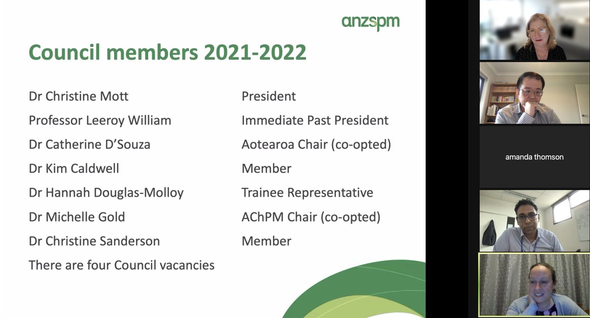 ANZSPMed's tweet photo. Thank you Prof Leeroy William @drleeroyw for your tireless work over the last two years helping us navigate through both #COVID19 &amp; #AssistedDying 

Congratulations to Dr Christine Mott @DrChristineMott on starting her term as @ANZSPM president! 

#ANZSPM21 https://t.co/er5pZ4RVYy