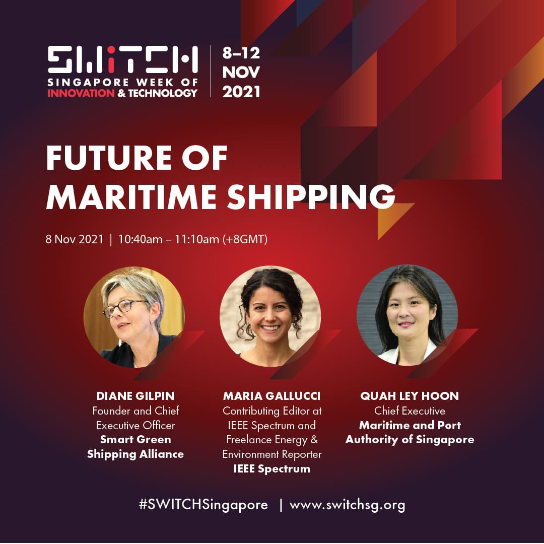 MPA_Singapore's tweet photo. #MPA CE, Quah Ley Hoon, Diane Gilpin (Founder and CEO of Smart Green Shipping Alliance) and Maria Gallucci (Contributor Editor of IEEE Spectrum) came together to discuss the Future of Maritime Shipping at #switch2021. https://t.co/6nPWocHBEQ