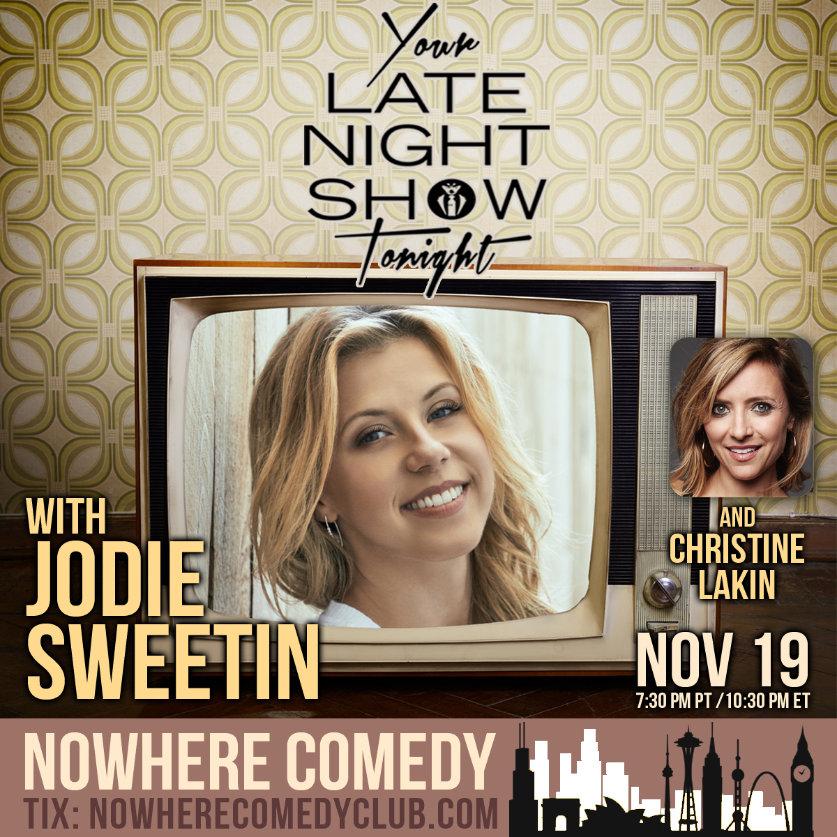 NowhereComedy's tweet photo. Check out @YourLateNight on Friday at #NowhereComedy! Come see your favorite talent build a completely original talk show. Hosted by @JodieSweetin and featuring @yolakin. Get your tickets now at https://t.co/FHDRyyogFH! https://t.co/hQU2dfSBHG