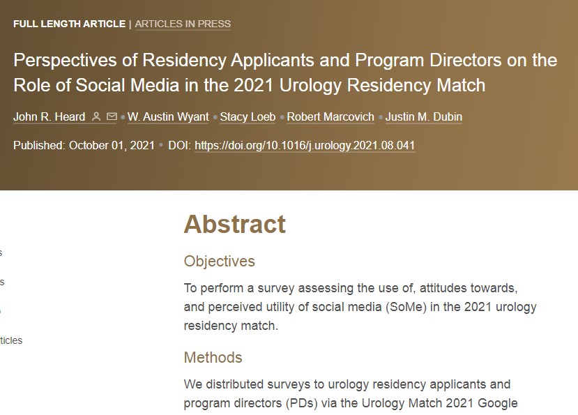 Interesting article in @urogoldjournal from the great team @LoebStacy @justindubinmd @john_r_heard @waustinwyant @RobtMarcovichMD Perspectives of Residency Applicants and Program Directors on the Role of Social Media in the 2021 Urology Residency Match talkabouturology.com/daily_world_ne…