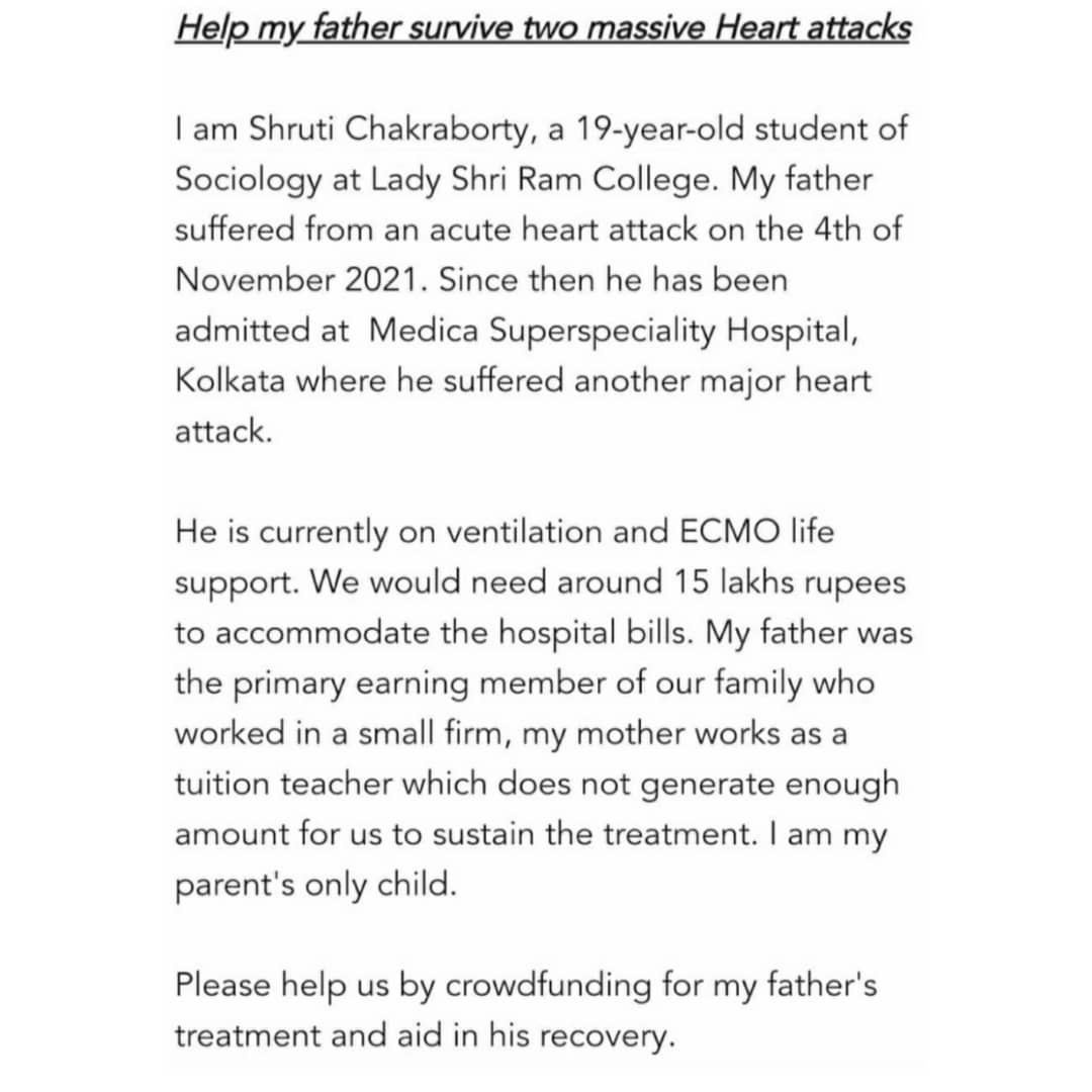 ShrutiC2002's tweet photo. I am Shruti Chakraborty, a 19-year-old student of Sociology at Lady Shri Ram College. My father had two major heart attacks since 4th November 2021.I am their only child. Please help me raise fund to save my father. To read more and contribute-https://t.co/klOpQpAgxA
#fundraiser https://t.co/JI7FZ7gSyO